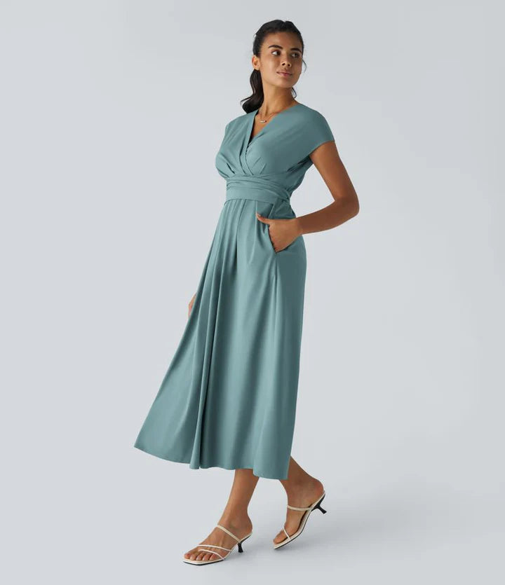 Nerea™ | Vestido cruzado de manga corta con cintura marcada