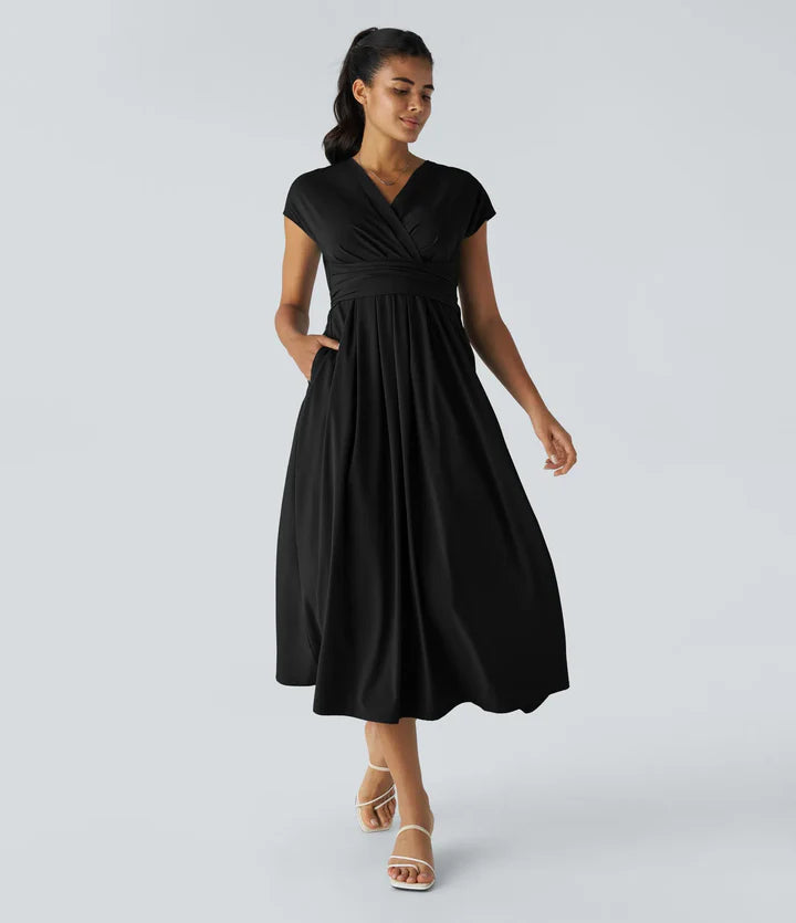 Nerea™ | Vestido cruzado de manga corta con cintura marcada