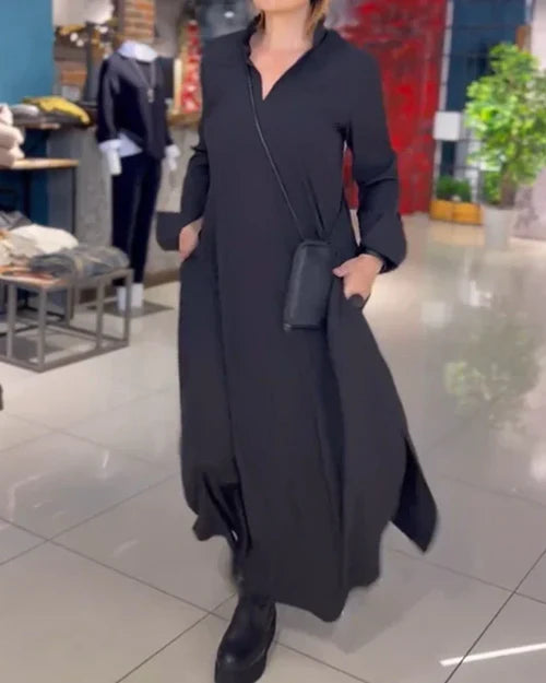 Nora™ | Vestido largo camisero con cuello abierto y bolsillos