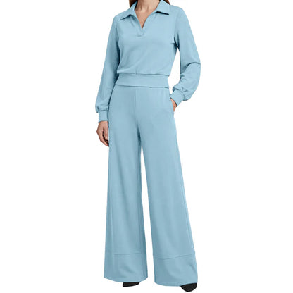 Isabel – Traje de mujer con blusa de solapa y pantalón ancho