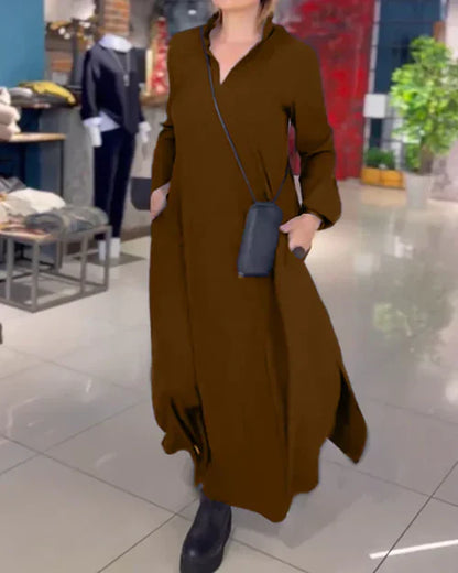 Nora™ | Vestido largo camisero con cuello abierto y bolsillos