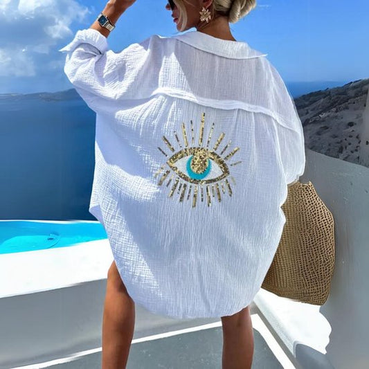 Carlota™ sobrecamisa ligera de verano con bordado de ojo en la espalda