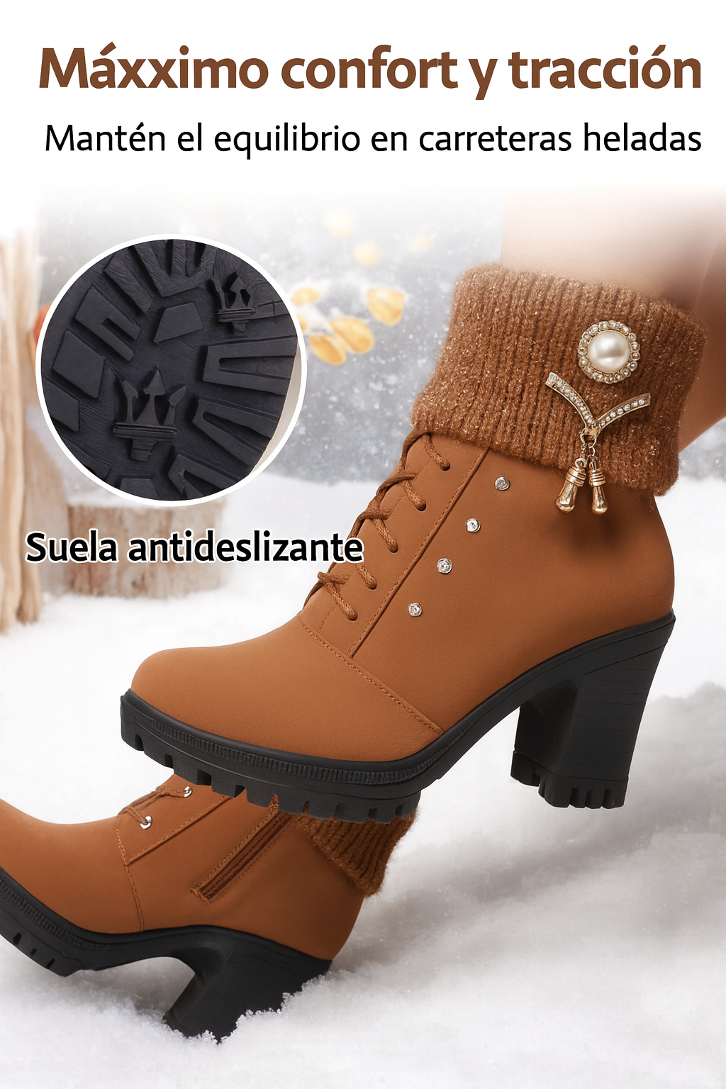 Tania - Botas de tacón grueso con detalle cálido y decorativo