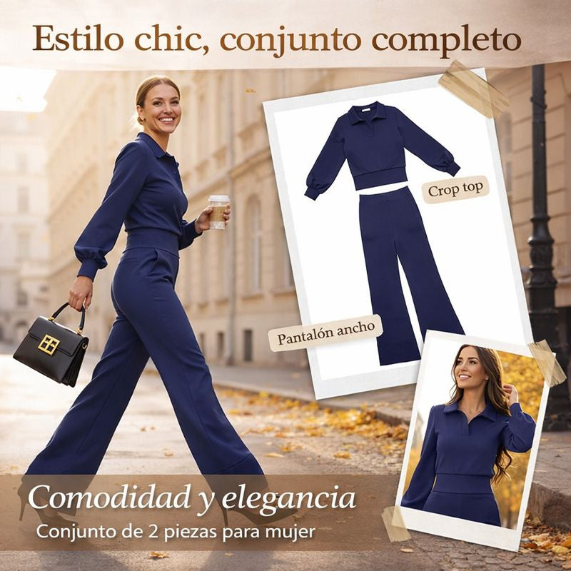 Isabel – Traje de mujer con blusa de solapa y pantalón ancho