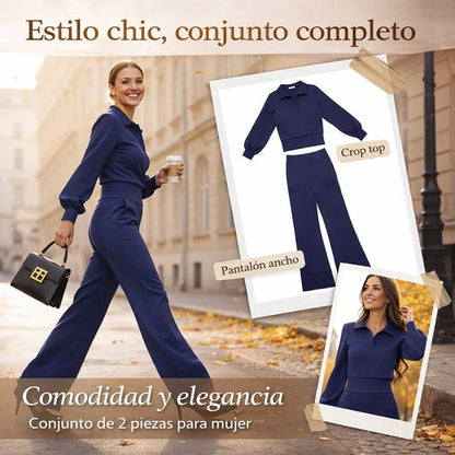 Isabel – Traje de mujer con blusa de solapa y pantalón ancho