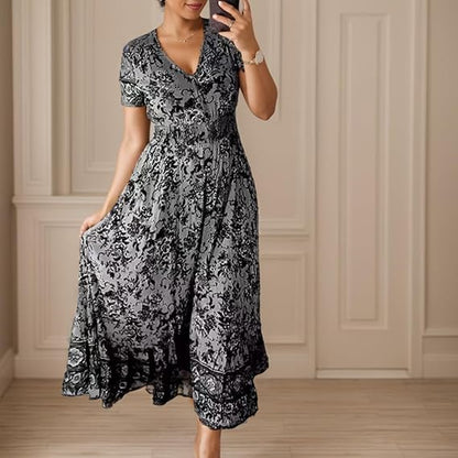 Valeria™ Vestido largo floral con escote en V, manga corta y vuelo amplio