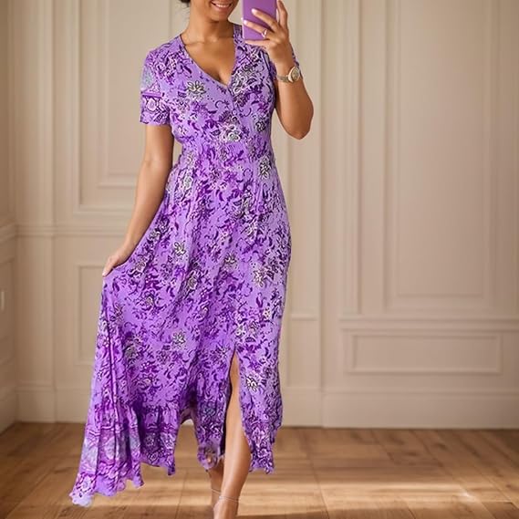 Valeria™ Vestido largo floral con escote en V, manga corta y vuelo amplio