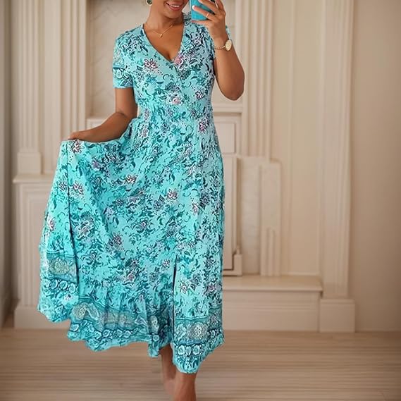 Valeria™ Vestido largo floral con escote en V, manga corta y vuelo amplio