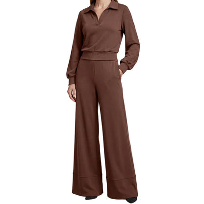 Isabel – Traje de mujer con blusa de solapa y pantalón ancho