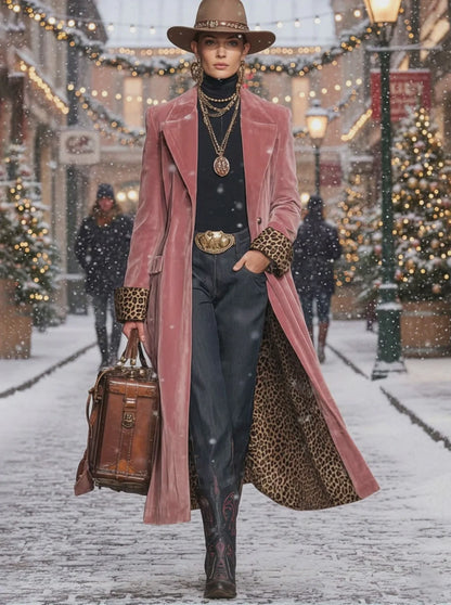 Leire – Abrigo de terciopelo con solapa y estampado de leopardo