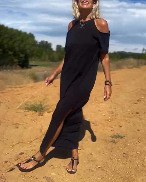 Elena – Vestido largo con hombros al descubierto y corte relajado