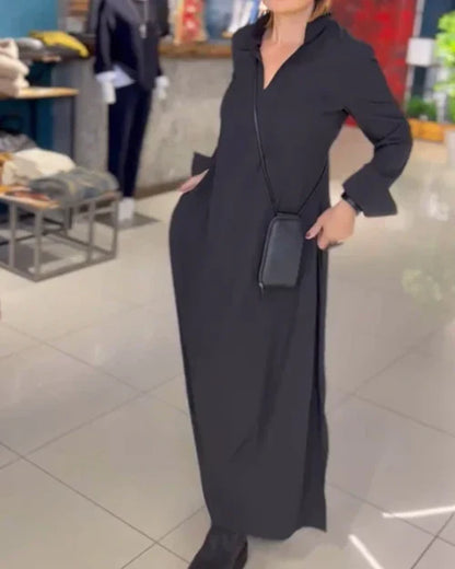 Nora™ | Vestido largo camisero con cuello abierto y bolsillos