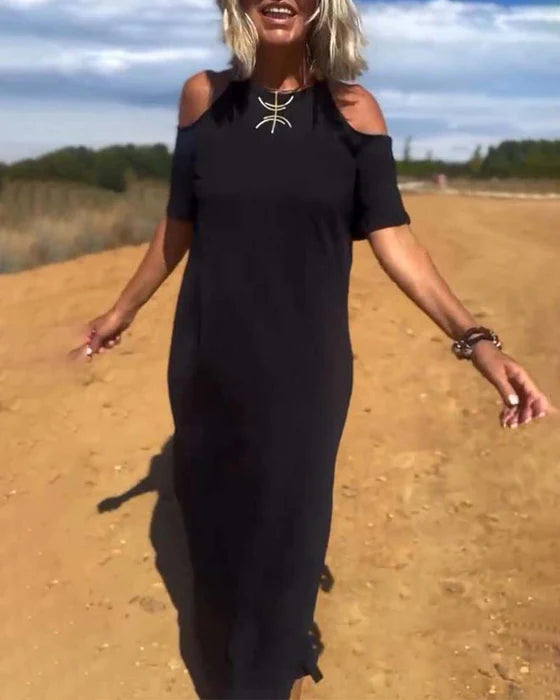 Elena – Vestido largo con hombros al descubierto y corte relajado