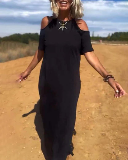 Elena – Vestido largo con hombros al descubierto y corte relajado