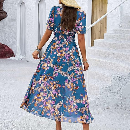 Adriana™ Vestido largo floral con escote en V, manga corta y vuelo ligero