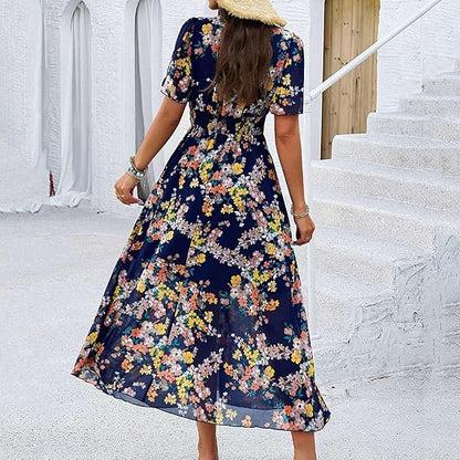 Adriana™ Vestido largo floral con escote en V, manga corta y vuelo ligero