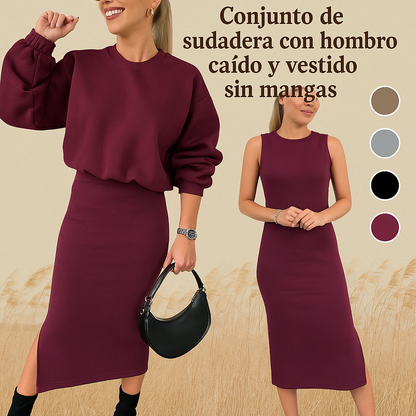Livia - Conjunto de mujer con hombros caídos, sudadera y vestido sin mangas
