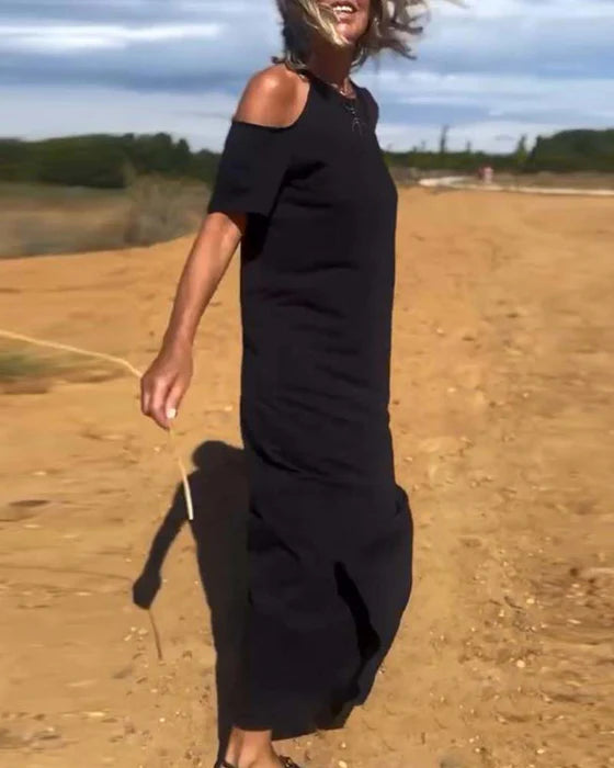 Elena – Vestido largo con hombros al descubierto y corte relajado