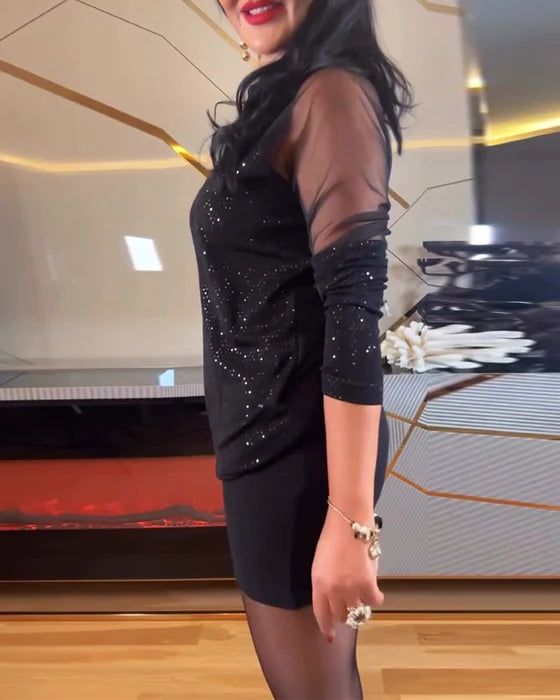 Paola - Vestido corto con cuello en V de malla y lentejuelas lisas