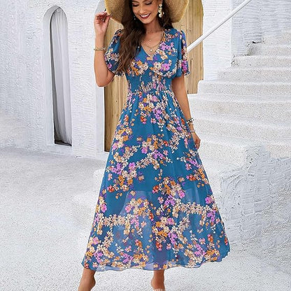 Adriana™ Vestido largo floral con escote en V, manga corta y vuelo ligero