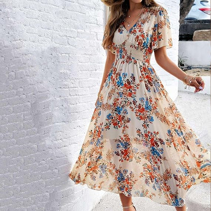 Adriana™ Vestido largo floral con escote en V, manga corta y vuelo ligero