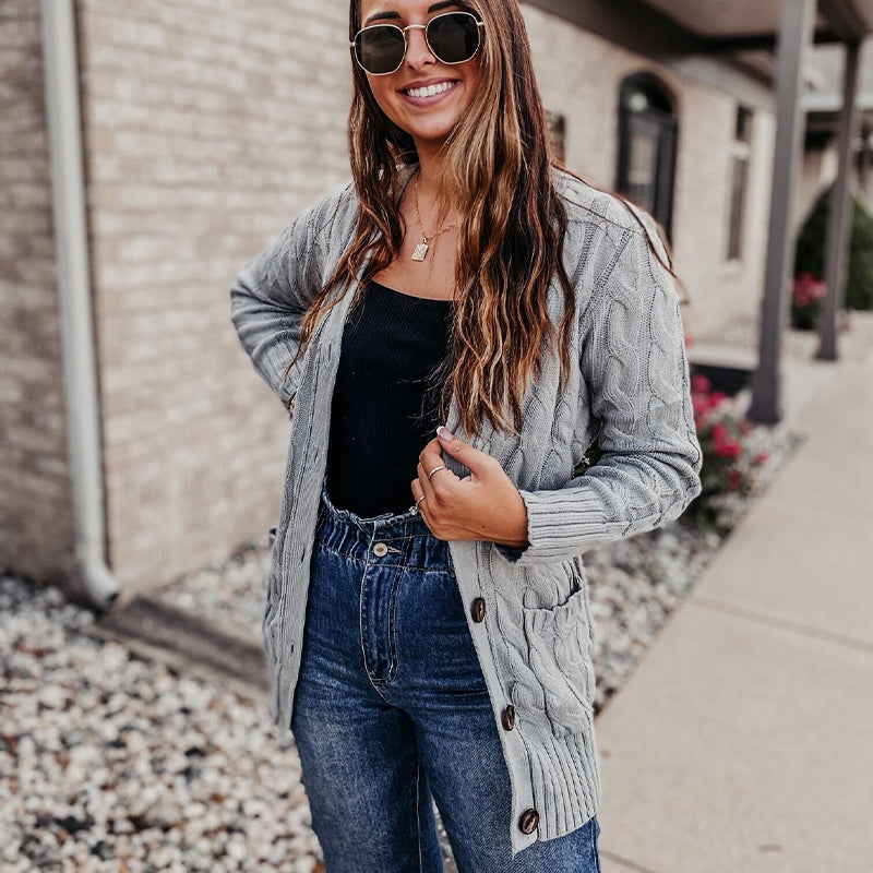 Catalina - Chaleco de otoño casual de manga larga con abrochado delantero y trenzado de punto