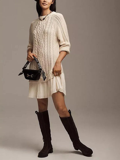 Olga - Jersey de cuello redondo con punto trenzado y minifalda
