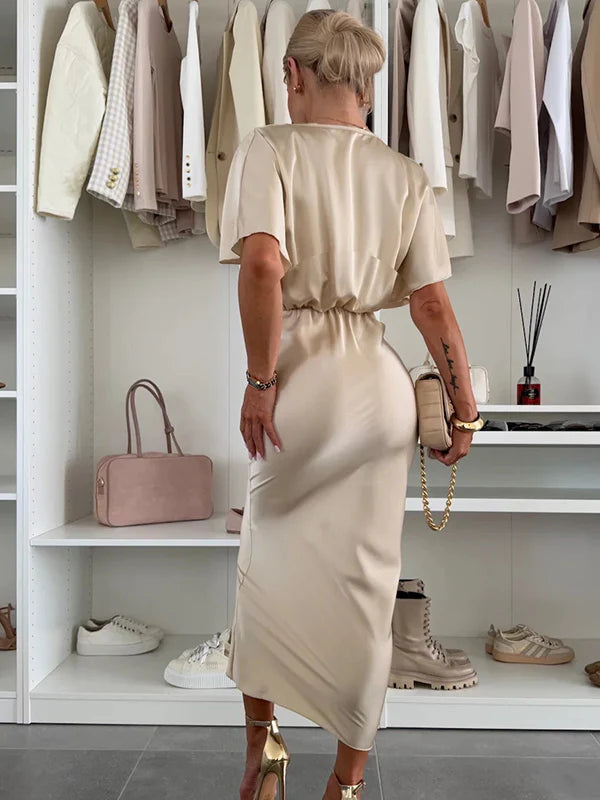 Violeta - Vestido largo de satén con escote en V y nudo cruzado