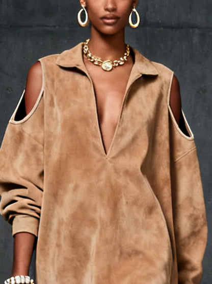 Aurora - Vestido de ante sintético camel con hombros descubiertos