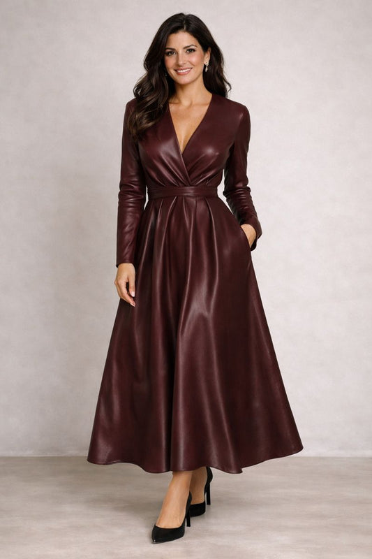 Vera - Vestido efecto cuero burdeos elegante