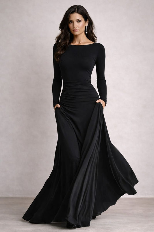 Noa – Vestido largo de crepé con pliegues y cuello barco