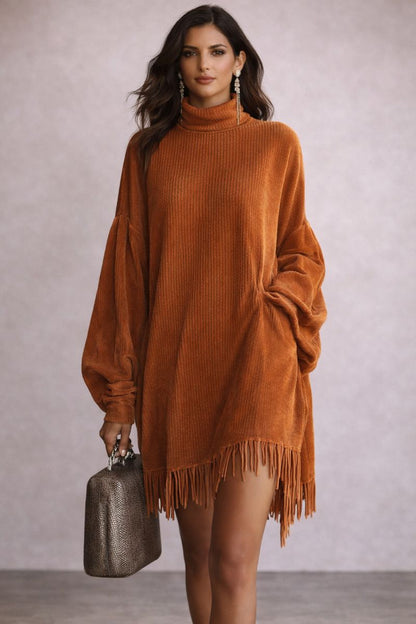 Valeria - Vestido de pana naranja con borlas