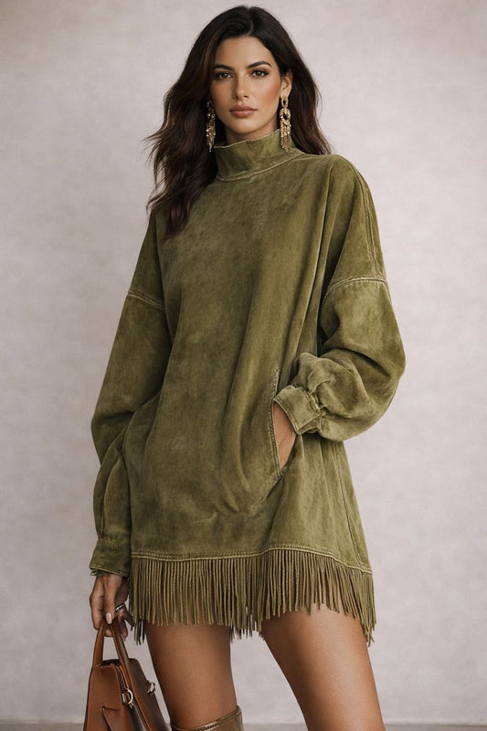 Adela - Vestido de cuello alto de ante con flecos en el bajo