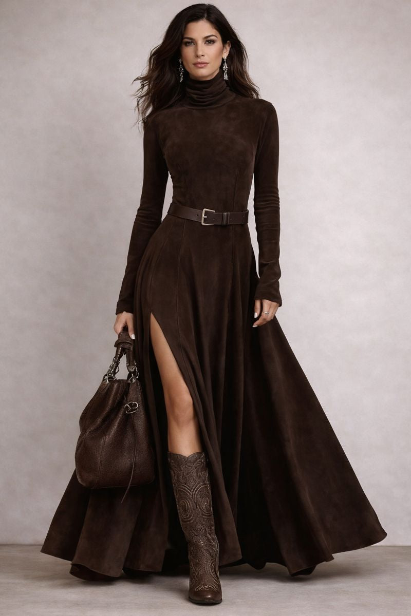 Iris - Vestido largo de ante sintético con cuello alto y abertura