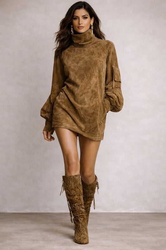 Mariela - Minivestido vintage de ante con cuello alto