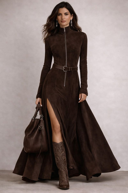 Ilenia - Vestido largo vintage marrón con cremallera