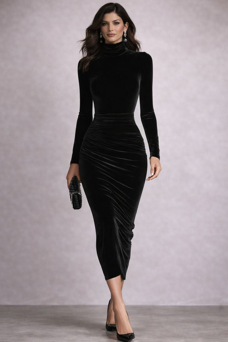 Melania - Vestido de terciopelo negro con cuello alto