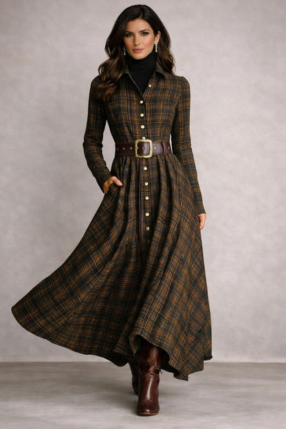 Francesca - Vestido camisero largo de botonadura sencilla con solapa a cuadros