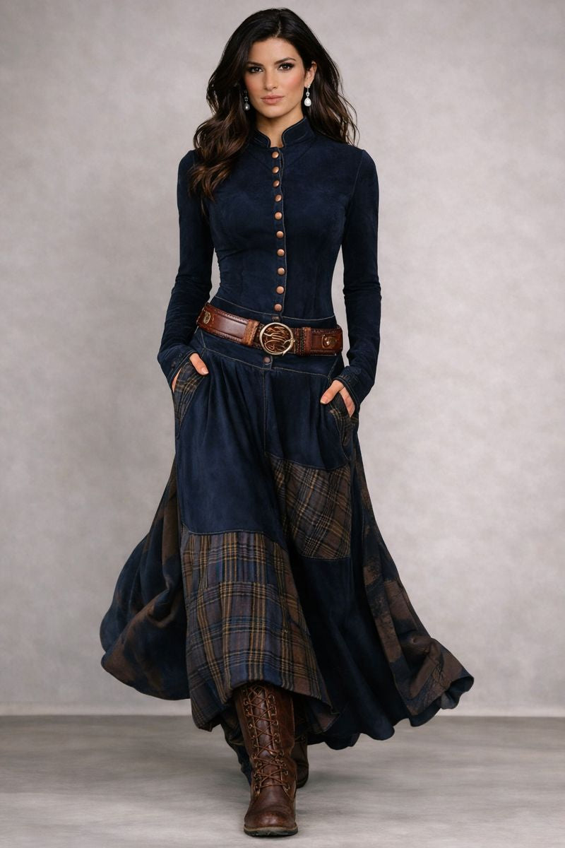 Leandra - Vestido largo vintage de ante con estampado de cuadros