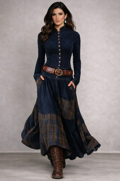 Leandra - Vestido largo vintage de ante con estampado de cuadros