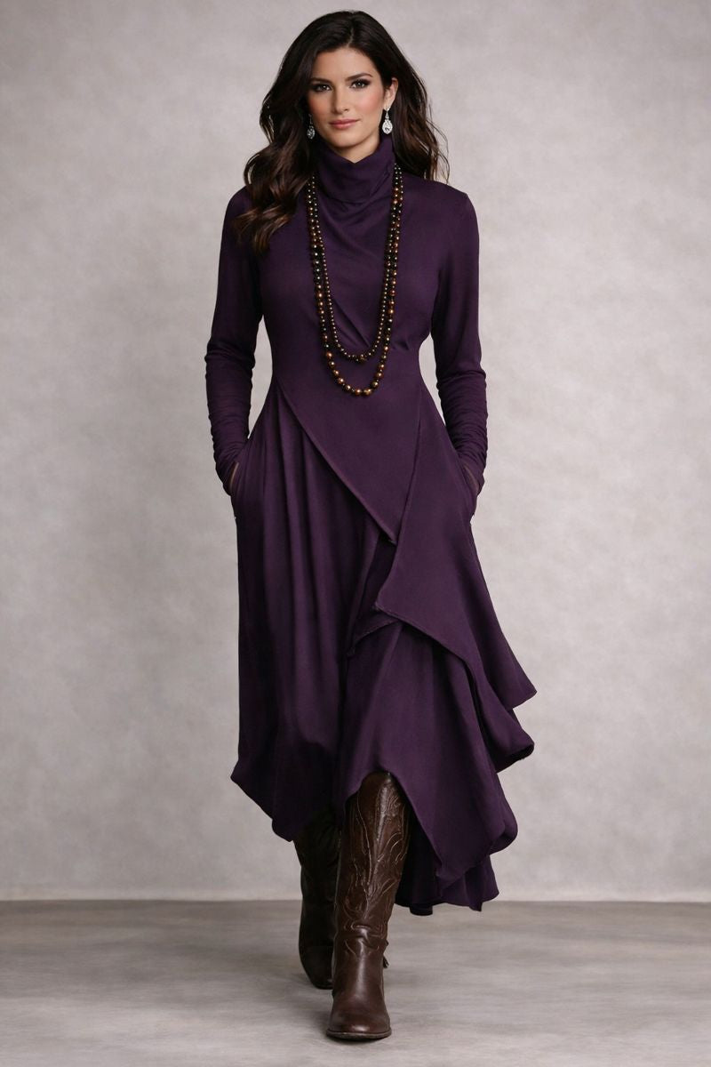 Nerea – Vestido maxi de cuello alto con diseño asimétrico