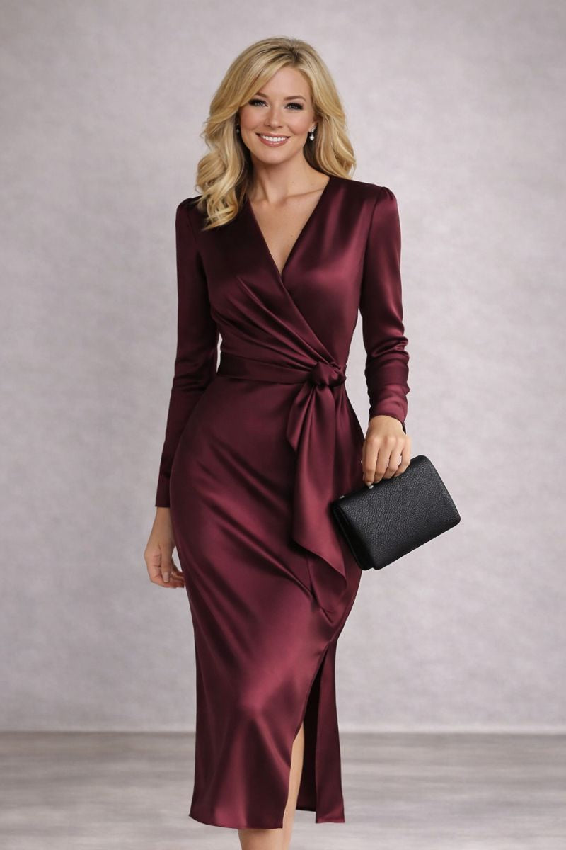 Jazmín - Vestido satinado burdeos cruzado