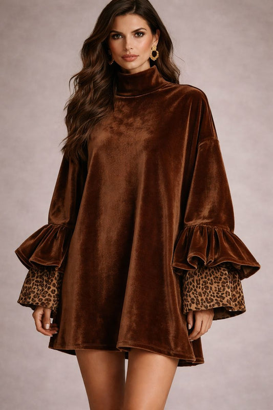 Isabella - Minivestido de terciopelo con puños y mangas con volantes de leopardo