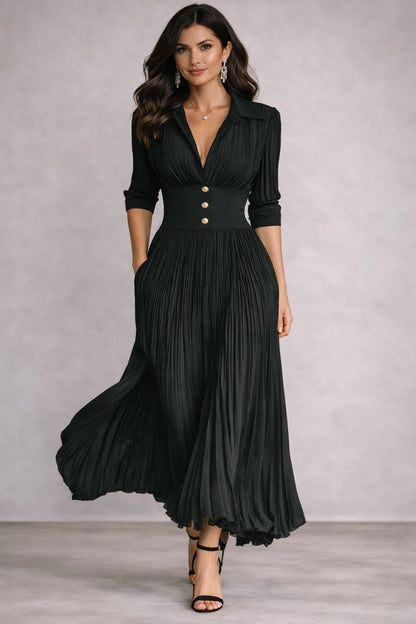 Jade - Vestido largo plisado con solapa y cintura entallada