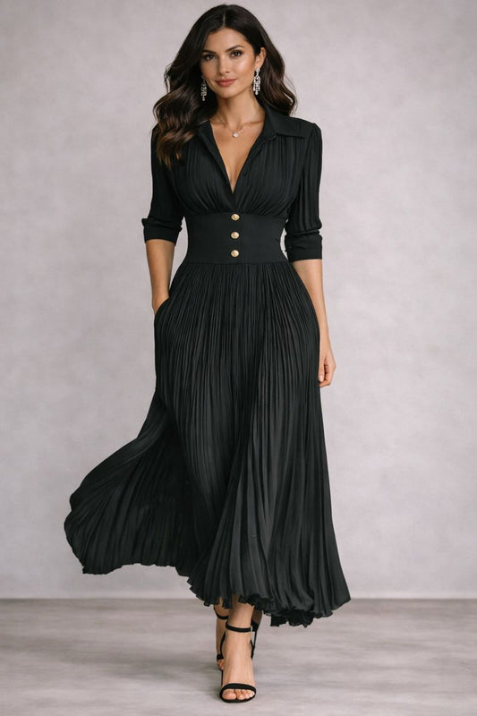 Jade - Vestido largo plisado con solapa y cintura entallada