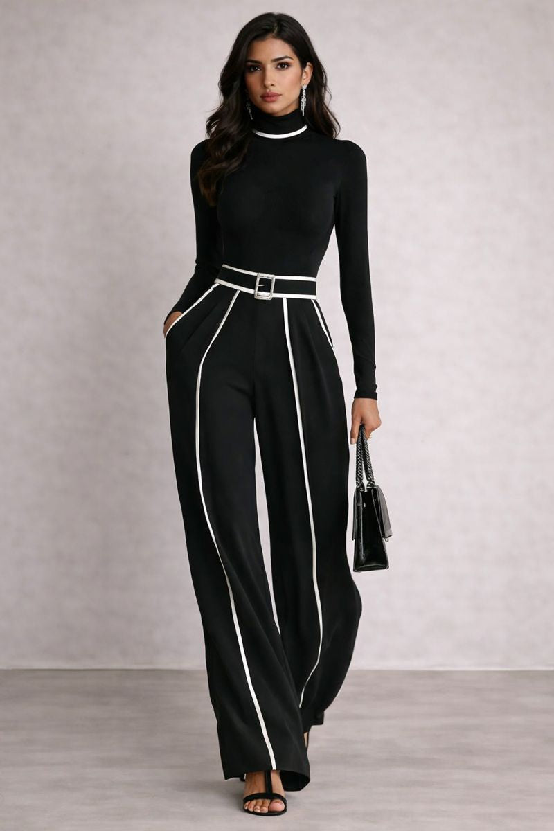 Lorenza - Conjunto negro con ribetes blancos y cinturón