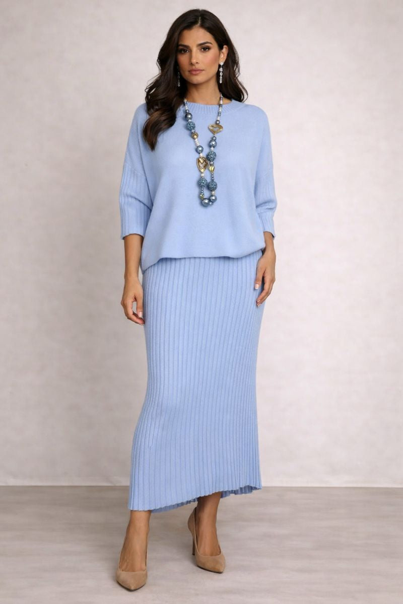 Pilar – Conjunto elegante de punto con jersey y falda midi