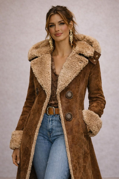 Noelia - Abrigo largo de terciopelo afelpado con interior de pelo sintético