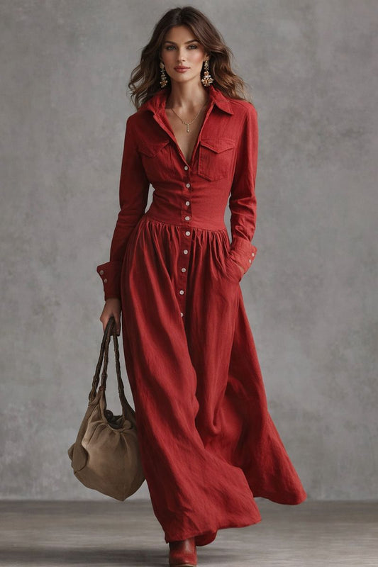 Natalia - Vestido largo retro rojo con solapa occidental y botones frontales