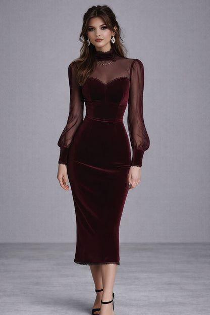 Carlota – Vestido midi con escote corazón y terciopelo burdeos